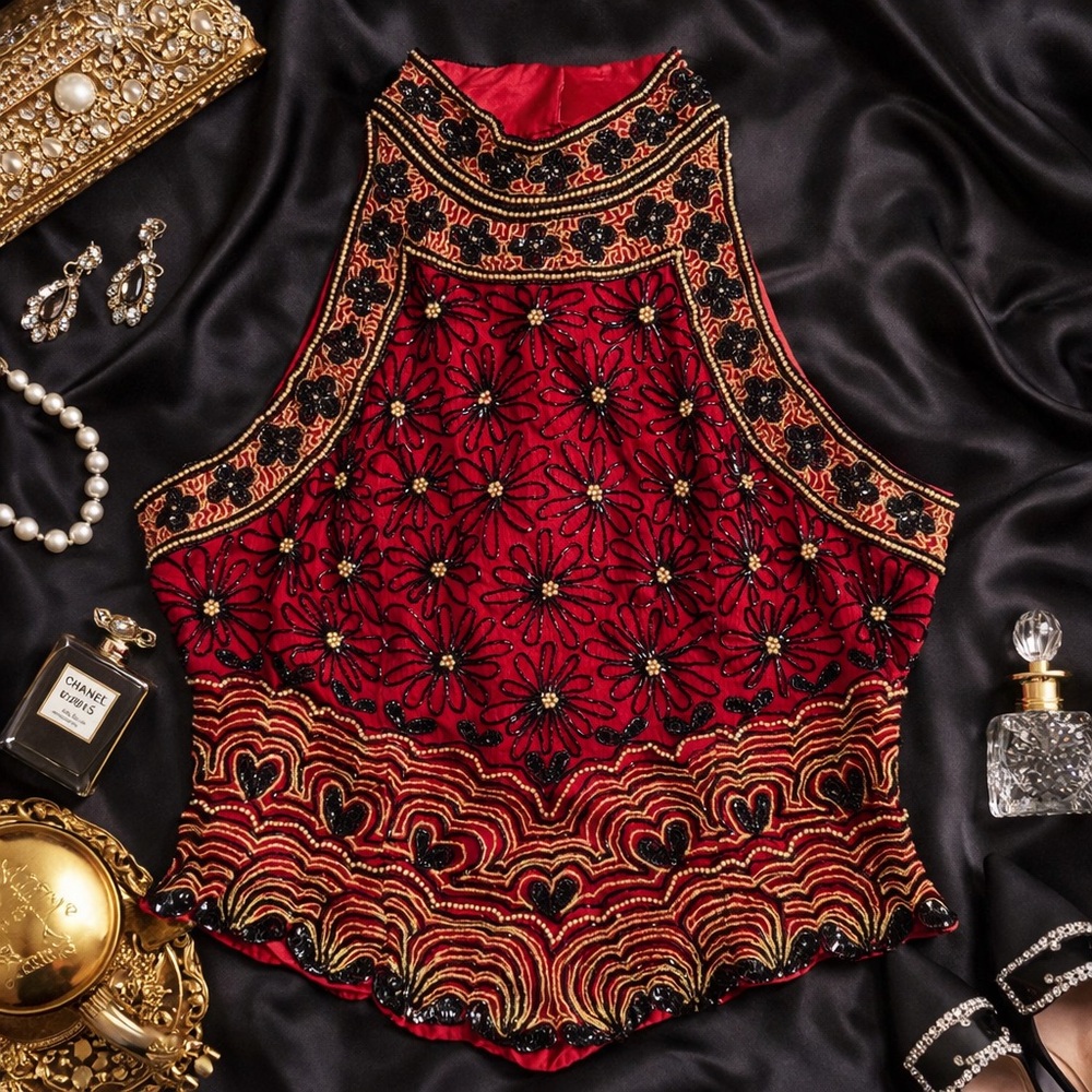 Vintage Papell Boutique Evening Red Silk Beaded Art Deco Gatsby Halter Top